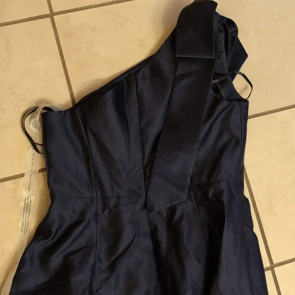 NWT Alfred Sung Maxi Dress Midnight Blue One Shoulder Gown Size 10 - Picture 4 of 14